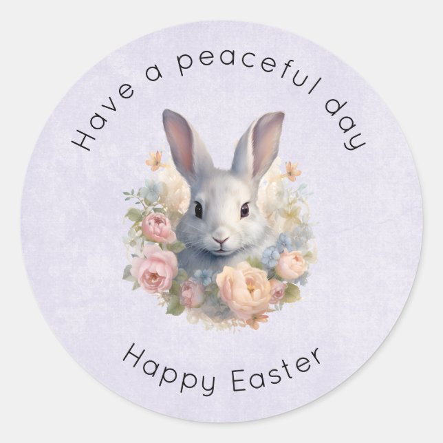 Rabbit Surrounded by Pastel Flowers Cute Easter Classic Round Sticker (Front)
