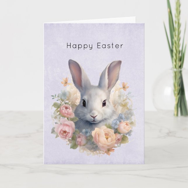 Rabbit Surrounded by Pastel Flowers Cute Easter Holiday Card (Front)