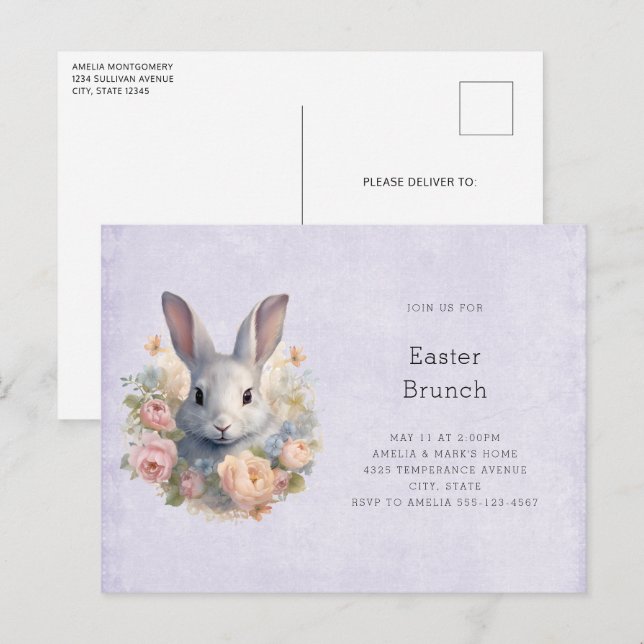 Rabbit Surrounded by Pastel Flowers Cute Easter Invitation Postcard (Front/Back)