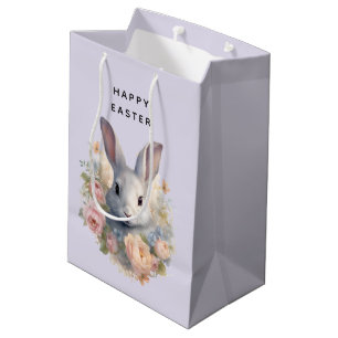 Rabbit Surrounded by Pastel Flowers Cute Easter Medium Gift Bag