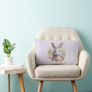 Rabbit Surrounded by Pastel Flowers Cute Lumbar Pillow