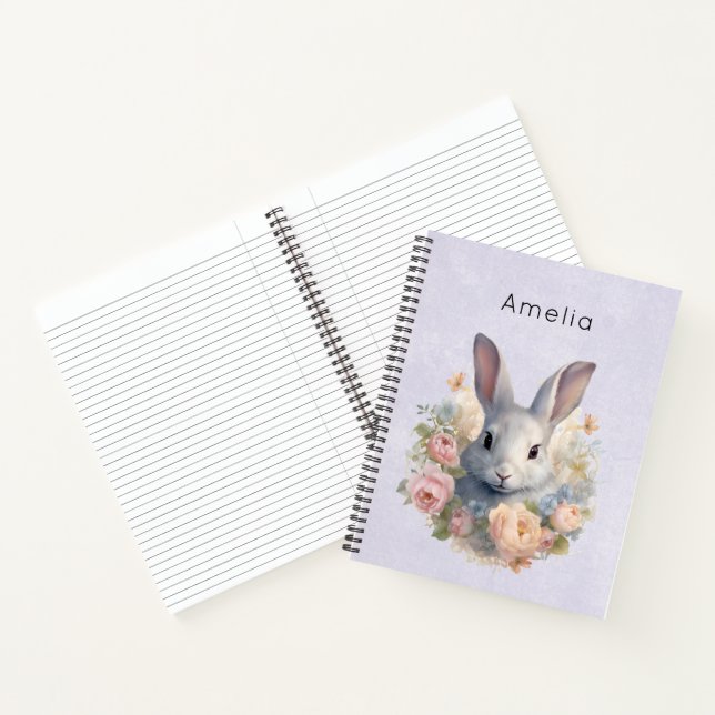 Rabbit Surrounded by Pastel Flowers Cute Notebook (Inside)