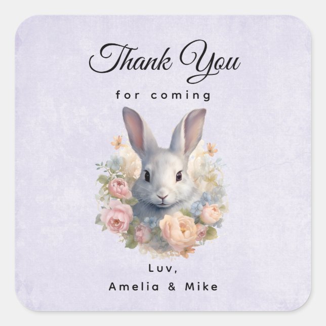 Rabbit Surrounded by Pastel Flowers Cute Thank You Square Sticker (Front)