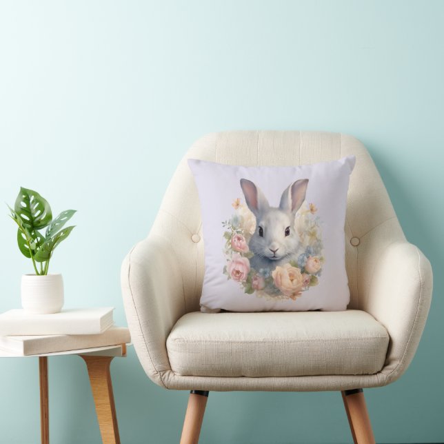 Rabbit Surrounded by Pastel Flowers Cute Throw Pillow (Chair)