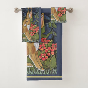 Rabbit Tapestry Tile Floral Navy Blue Hare Decor Bath Towel Set