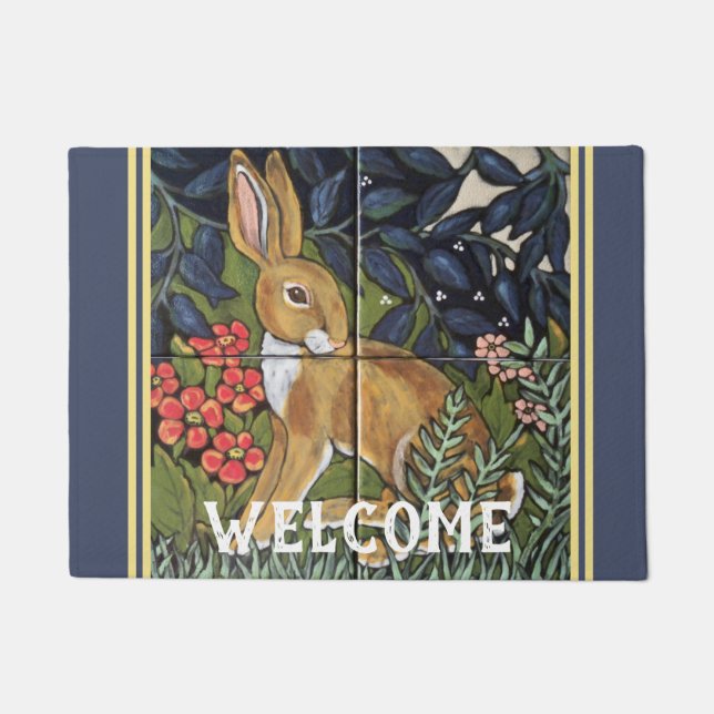 Rabbit Tapestry Tile Floral Navy Blue Hare Decor Doormat (Front)