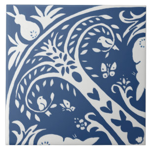 Rabbit Tile Blue and White Bunny Bird Tree Pattern