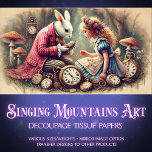 Rabbit Timekeeper Vintage Wonderland Decoupage Tissue Paper<br><div class="desc">Enter a charming vintage forest scene where Alice helps organize the White Rabbit's precious watch collection. Every timepiece is lovingly detailed in classic illustration style that captures the magic of Wonderland. Mushrooms of varying sizes create natural display spaces throughout the whimsical woodland setting. The warm colour palette and traditional artistic...</div>