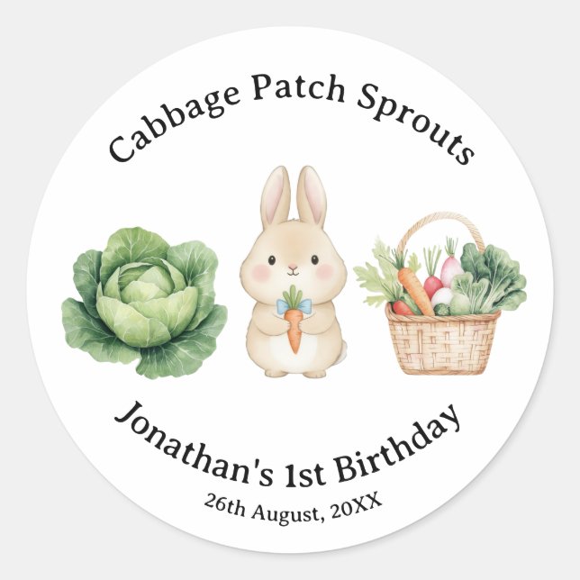  Rabbit Veggie Basket First Birthday Favour Classic Round Sticker (Front)