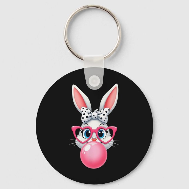 Rabbit Wearing Polka Dot Bow And Gles Blowing Bubb Keychain (Front)
