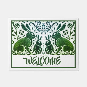 Rabbit Welcome Vintage Green & White Floral  Doormat