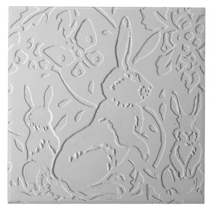 Rabbit White Grey Black Embossed  Woodland Animal Tile
