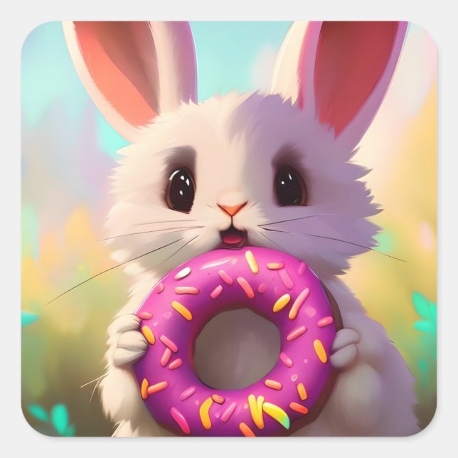 Rabbit With a Doughnut Square Sticker (Front)