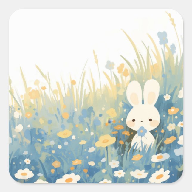 Rabbit with Blue Flower in Wildflower Meadow Square Sticker (Front)