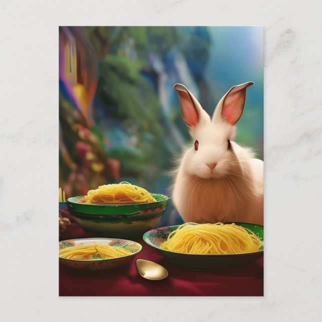 Rabbit With Bowls Of Spaghetti Postcard (Front)
