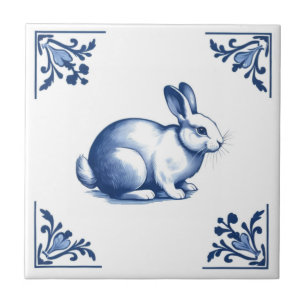 Rabbit with Delft Blue and White Floral Corners Tile