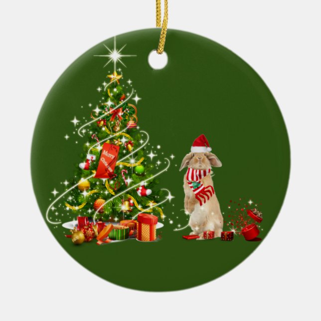 Rabbit With Hat Scafts  Christmas Ceramic Ornament (Front)