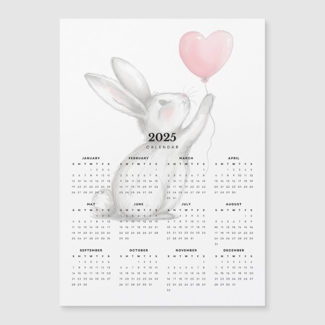 Rabbit with Heart-Shaped Balloon Magnetic Calendar (Front)