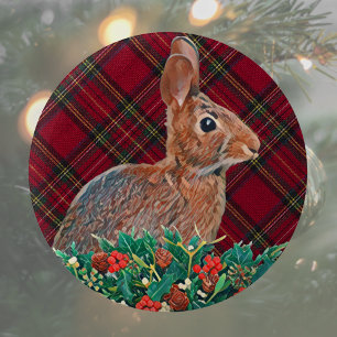 Rabbit with Holly Berries and Plaid 2 Inch Round Button
