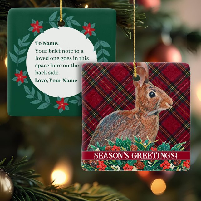 Rabbit with Holly Berries and Plaid Customizable Ceramic Ornament (A cute rabbit ceramic ornament with custom text on the back is personal and unique.)