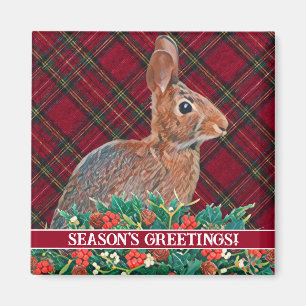 Rabbit with Holly Berries and Plaid Customizable Magnet