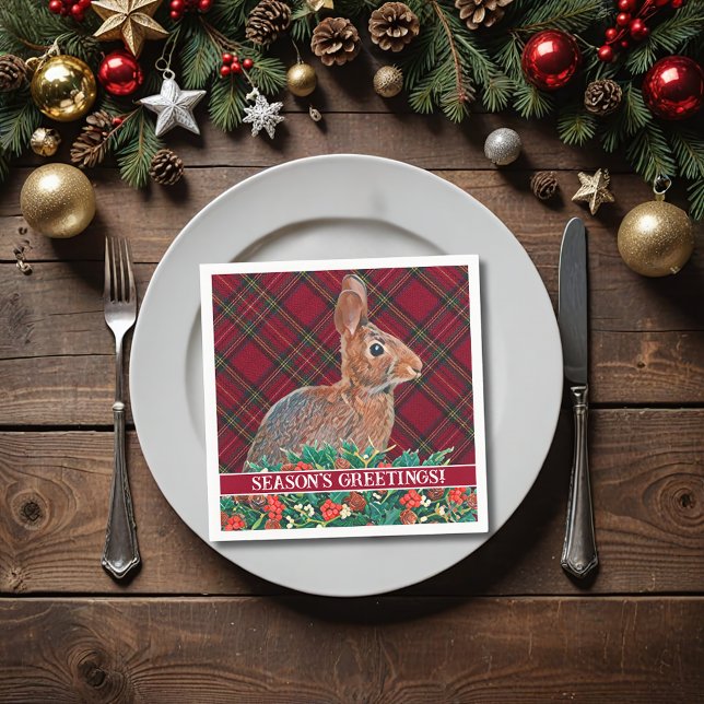 Rabbit with Holly Berries and Plaid Napkin (A classic plaid pattern and beautiful rabbit make for a wonderful cocktail napkin for your party.)