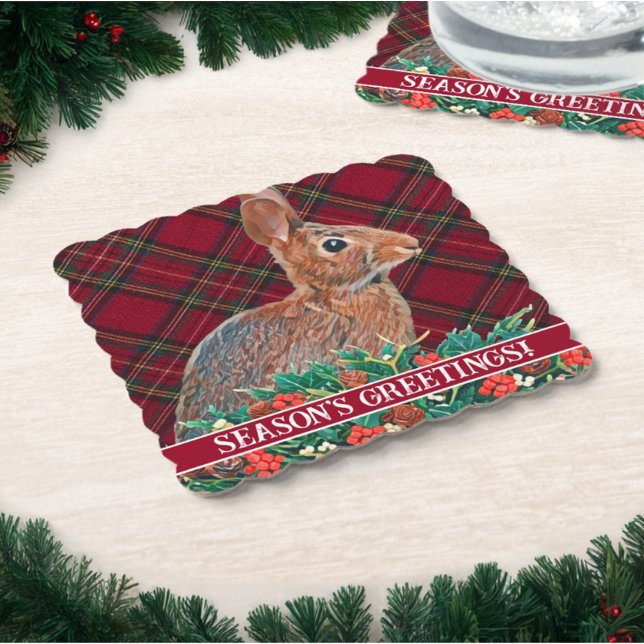 Rabbit with Holly Berries and Plaid Paper Coaster (This classic Christmas coaster design spreads Season's Greetings in red and green alongside a rabbit)