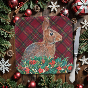 Rabbit with Holly Berries and Plaid Paper Plate
