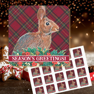 Rabbit with Holly Berries and Plaid Square Sticker
