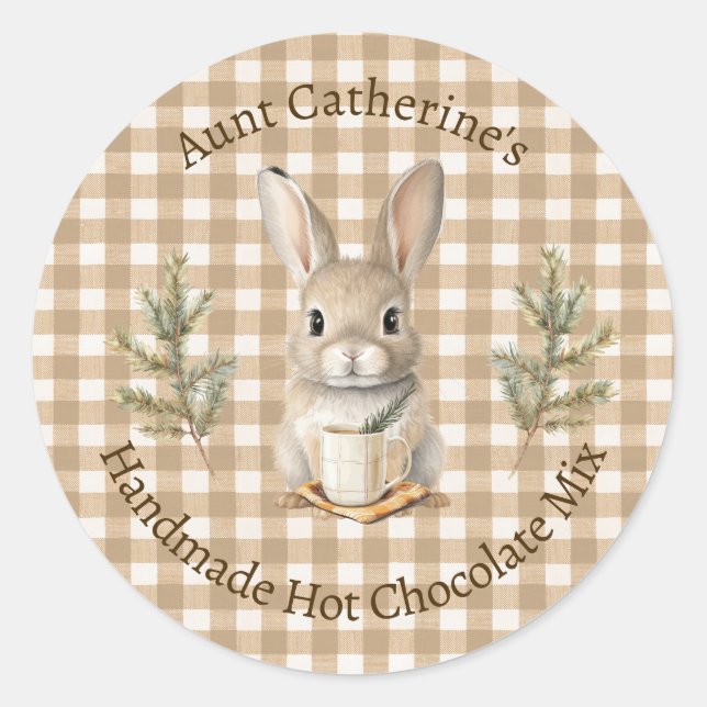 Rabbit with Mug Brown Gingham Hot Cocoa Mix Label (Front)