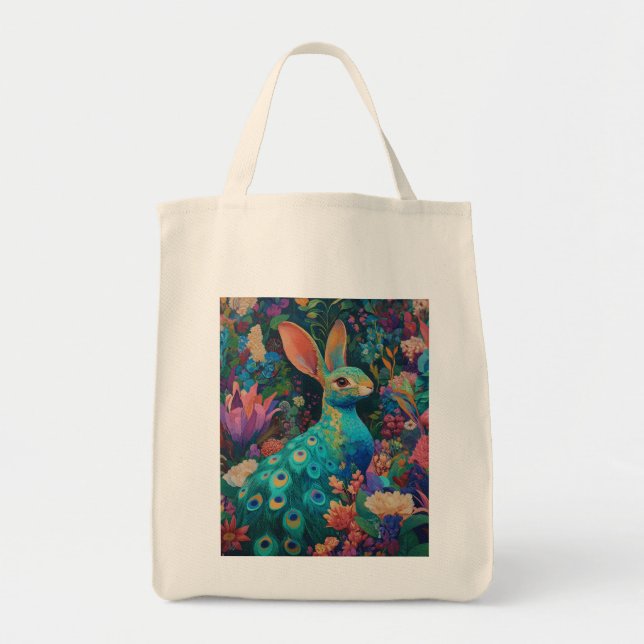 Rabbit with peacock feathers tote bag (Front)