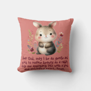 Rabbit Woodland Kids Christian Prayer on Pink   Throw Pillow