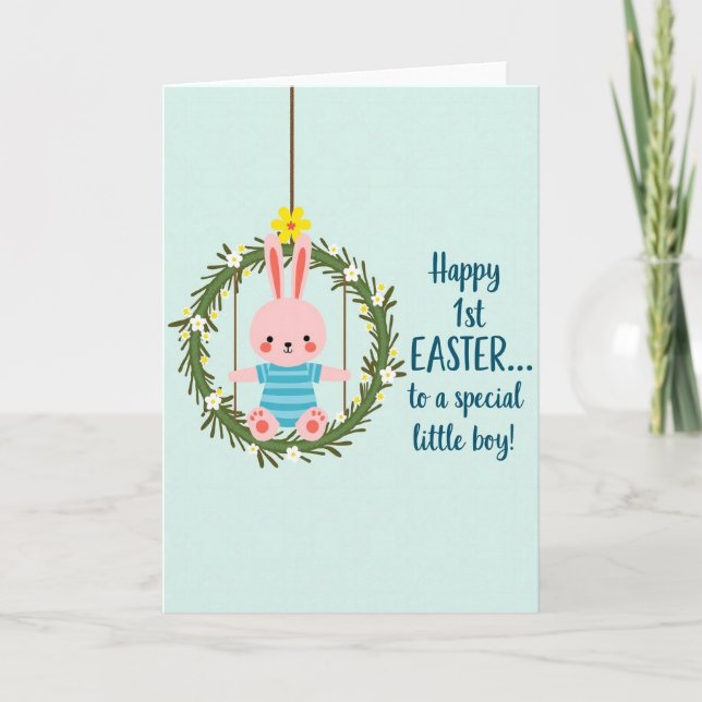 Rabbit Wreath First Easter Card (Front)