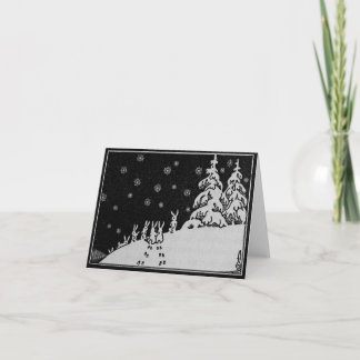 Rabbits and Christmas Tree Winter Holiday Art Card