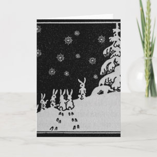 Rabbits and Christmas Tree Winter Illustration Holiday Card