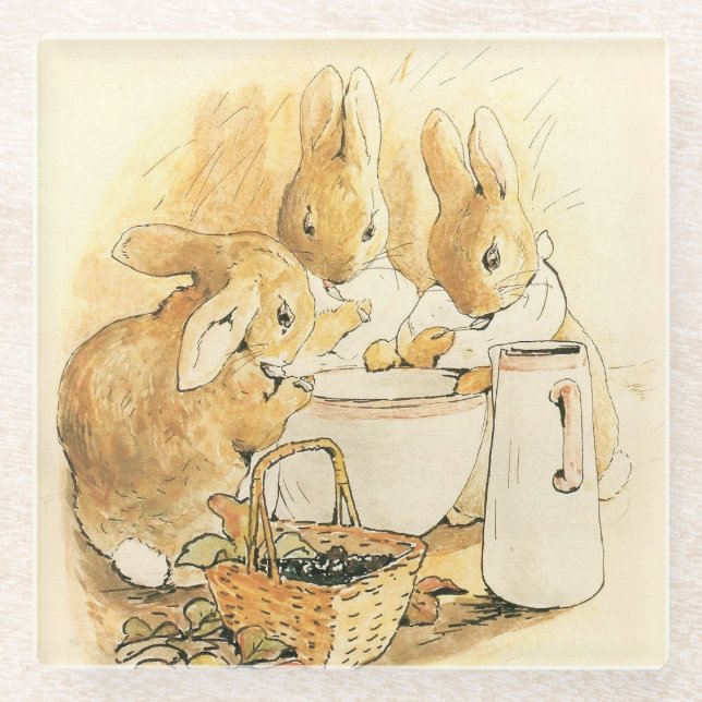 Rabbits and Milk Pudding by Beatrix Potter Glass Coaster (Front)