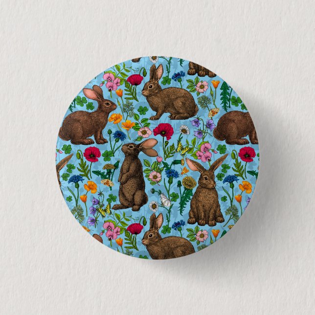 Rabbits and wildflowers 1 inch round button (Front)