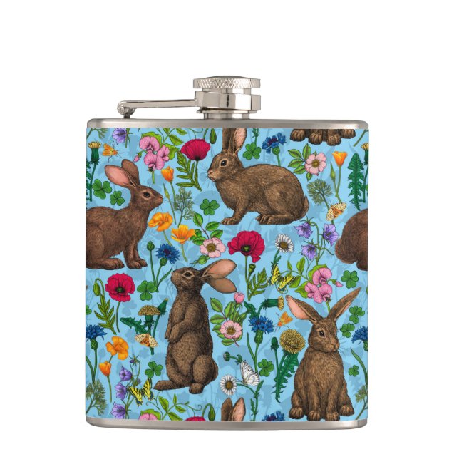 Rabbits and wildflowers hip flask (Front)