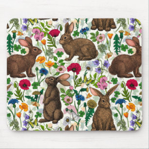 Rabbits and wildflowers mouse pad