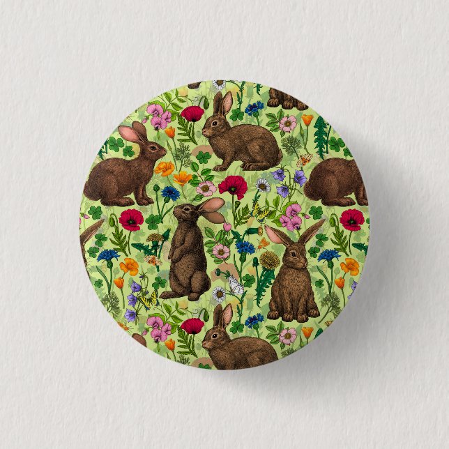 Rabbits and wildflowers on honeydew green 1 inch round button (Front)