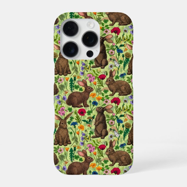 Rabbits and wildflowers on honeydew green iPhone case (Back)