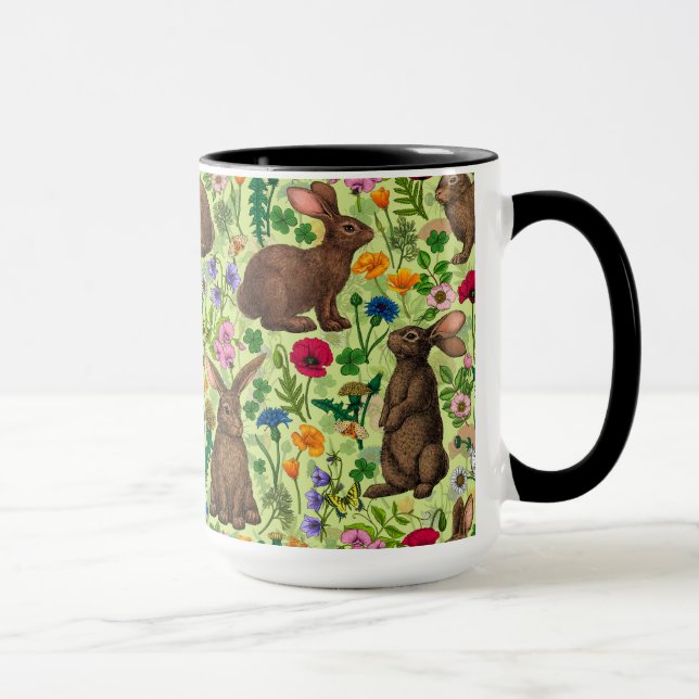 Rabbits and wildflowers on honeydew green mug (Right)