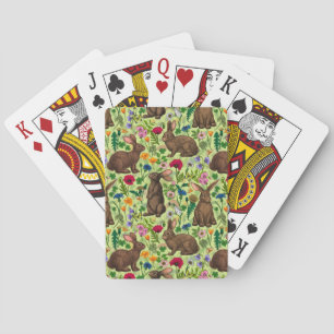 Rabbits and wildflowers on honeydew green playing cards