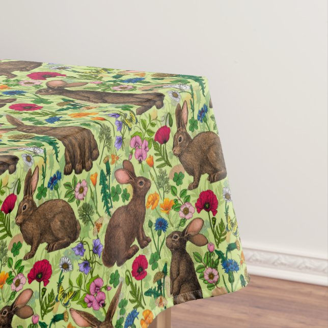 Rabbits and wildflowers on honeydew green tablecloth (In Situ)