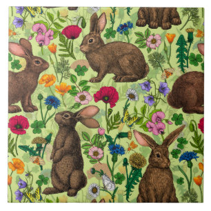 Rabbits and wildflowers on honeydew green tile