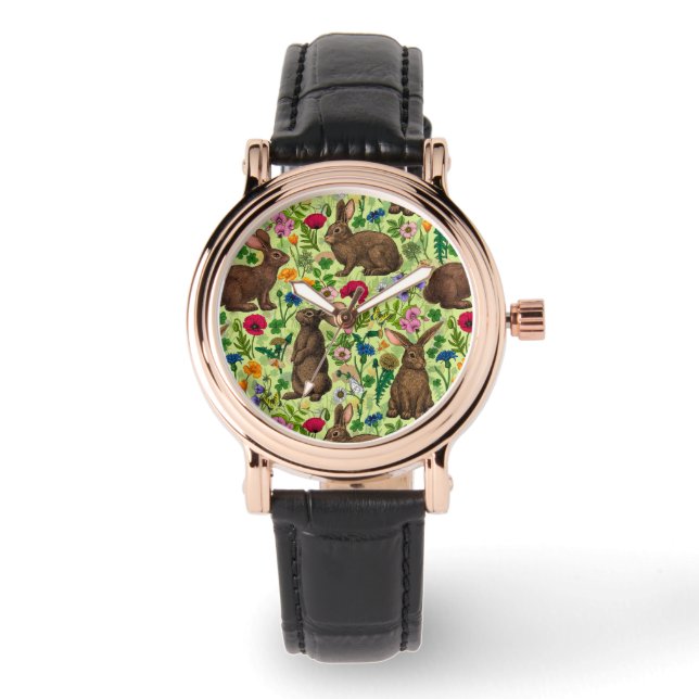 Rabbits and wildflowers on honeydew green watch (Front)