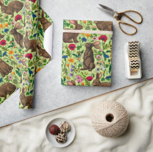 Rabbits and wildflowers on honeydew green wrapping paper