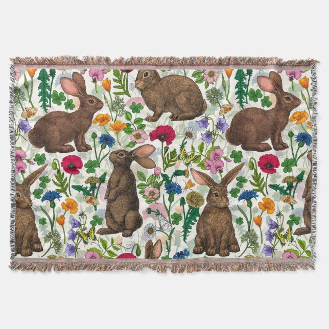 Rabbits and wildflowers throw blanket (Front)