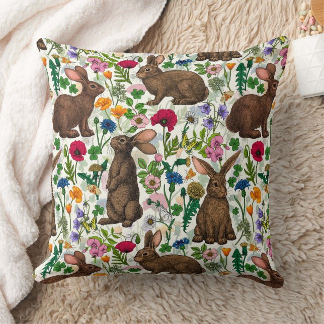 Rabbits and wildflowers throw pillow (Blanket)