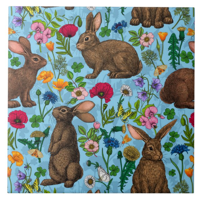 Rabbits and wildflowers tile (Front)